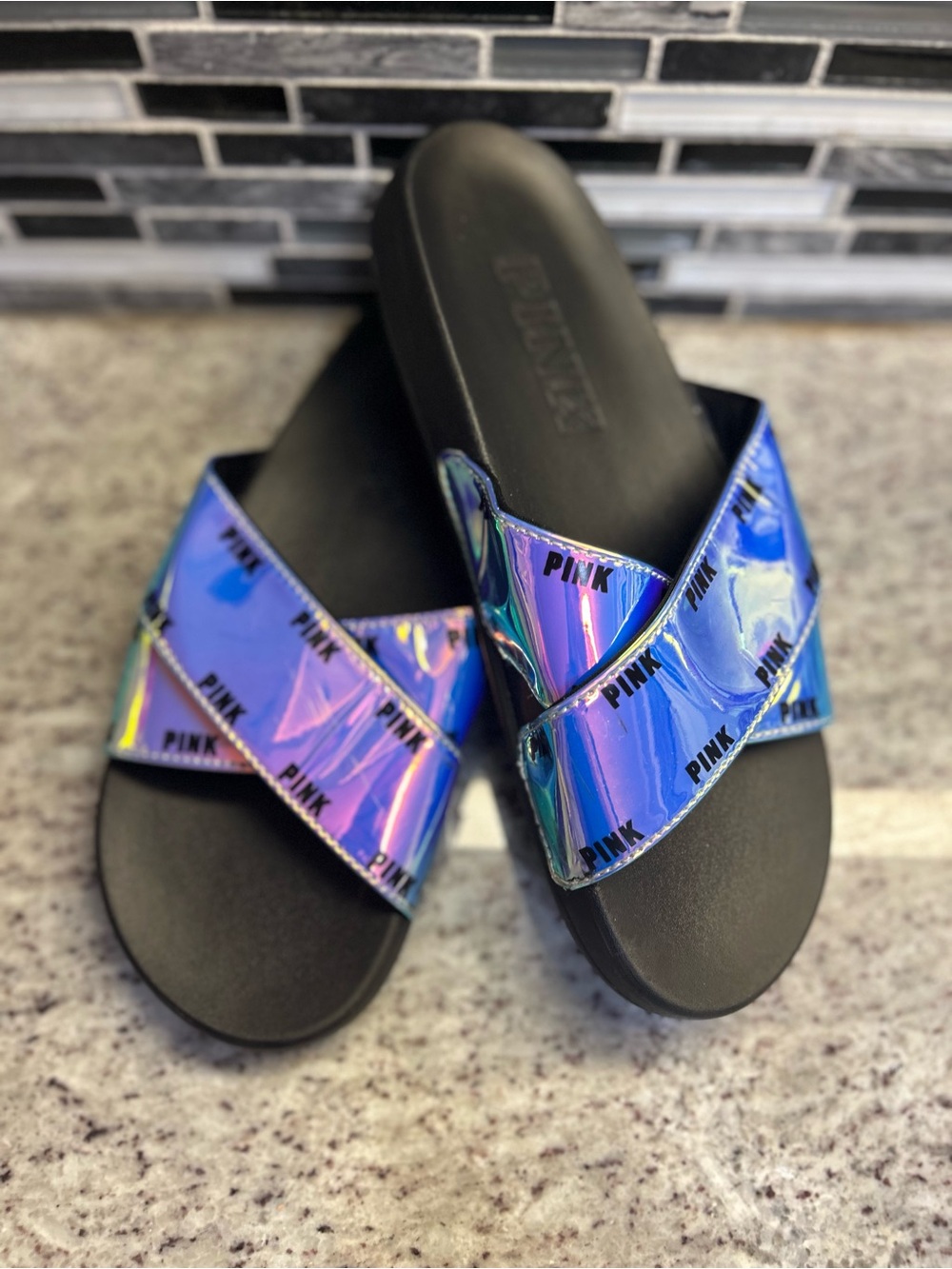 PINK Victoria's Secret Iridescent Blue Slide Sandals for Women size 10